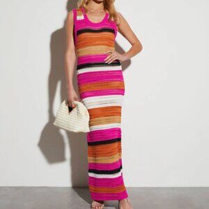 NWT Women Lumiere Vici Pink Black Multicolor Sleeveless Crochet Maxi Dress L